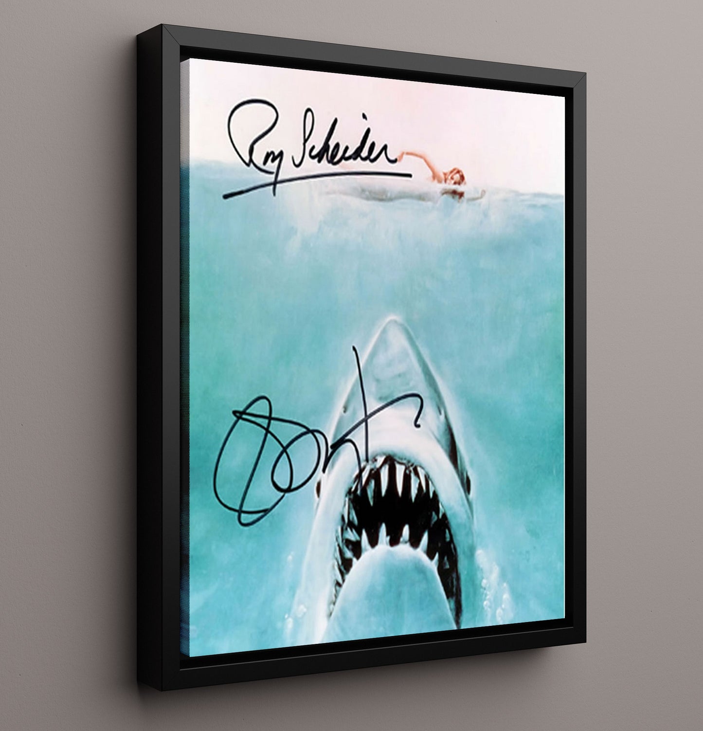 Jaws - Great White Shark Attacks Swimmer Classic Poster Vintage Movie Wall Art - 16x20 Framed Canvas movie decor