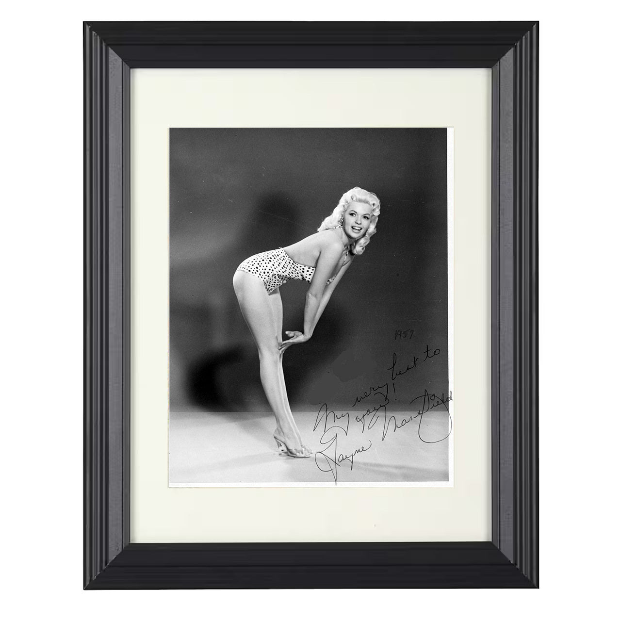 Jayne Mansfield – Platinum Bombshell Pin-Up Pose – 8x10 black beveled framed movie wall art