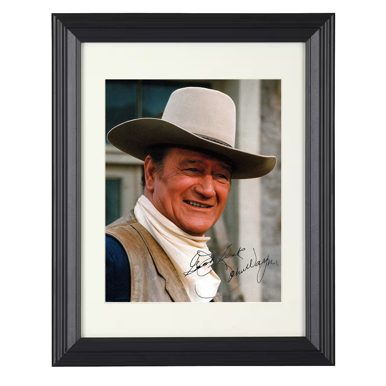 John Wayne – Iconic Western Cowboy Hat Image – 8x10 black beveled framed movie wall art