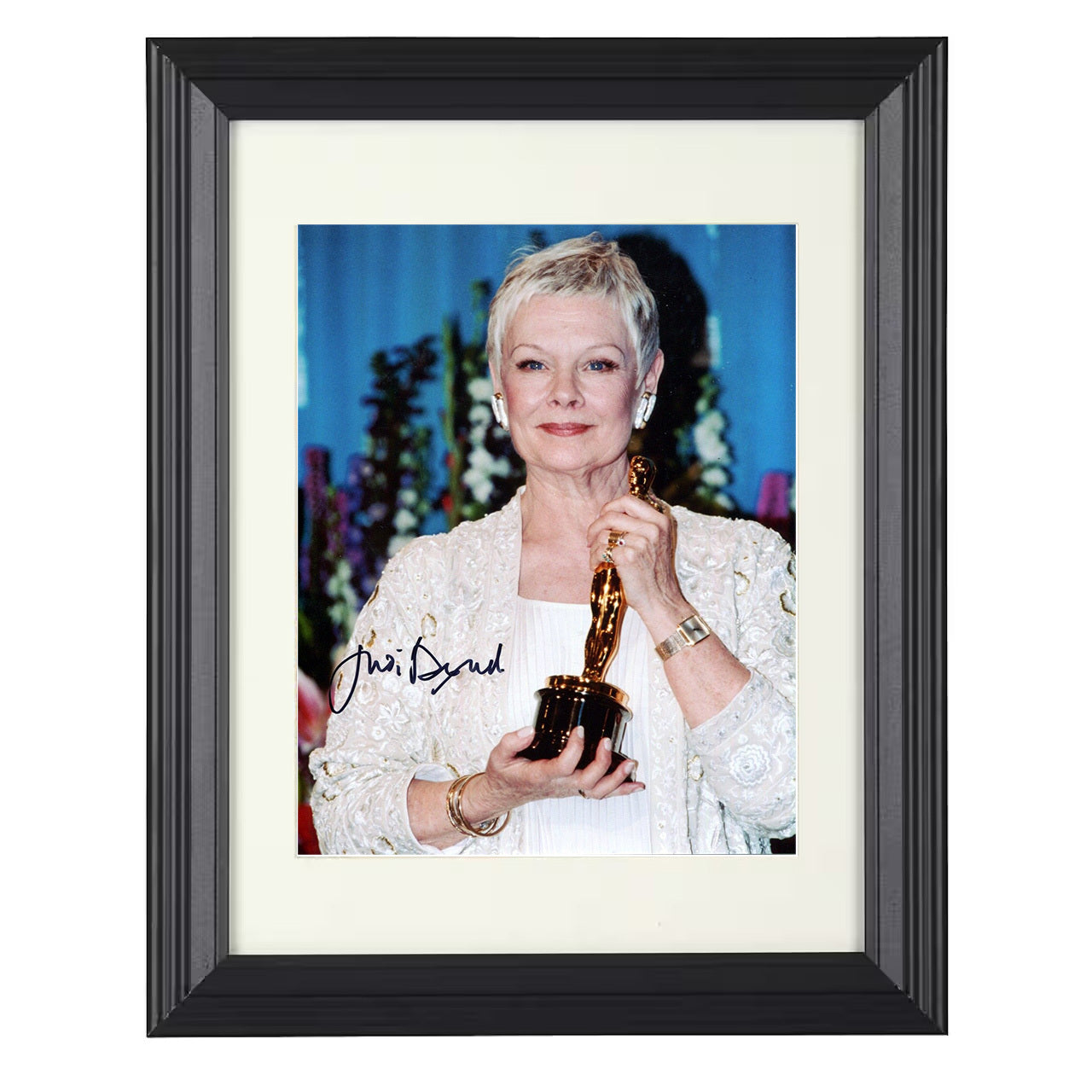 Judi Dench – Oscar Winner Holding Academy Award – 8x10 black beveled framed movie wall art