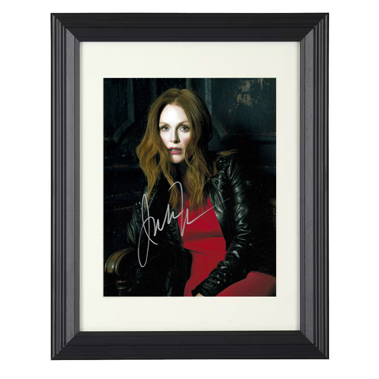 Julianne Moore – Dark Leather Jacket Red Dress Lighting – 8x10 black beveled framed movie wall art
