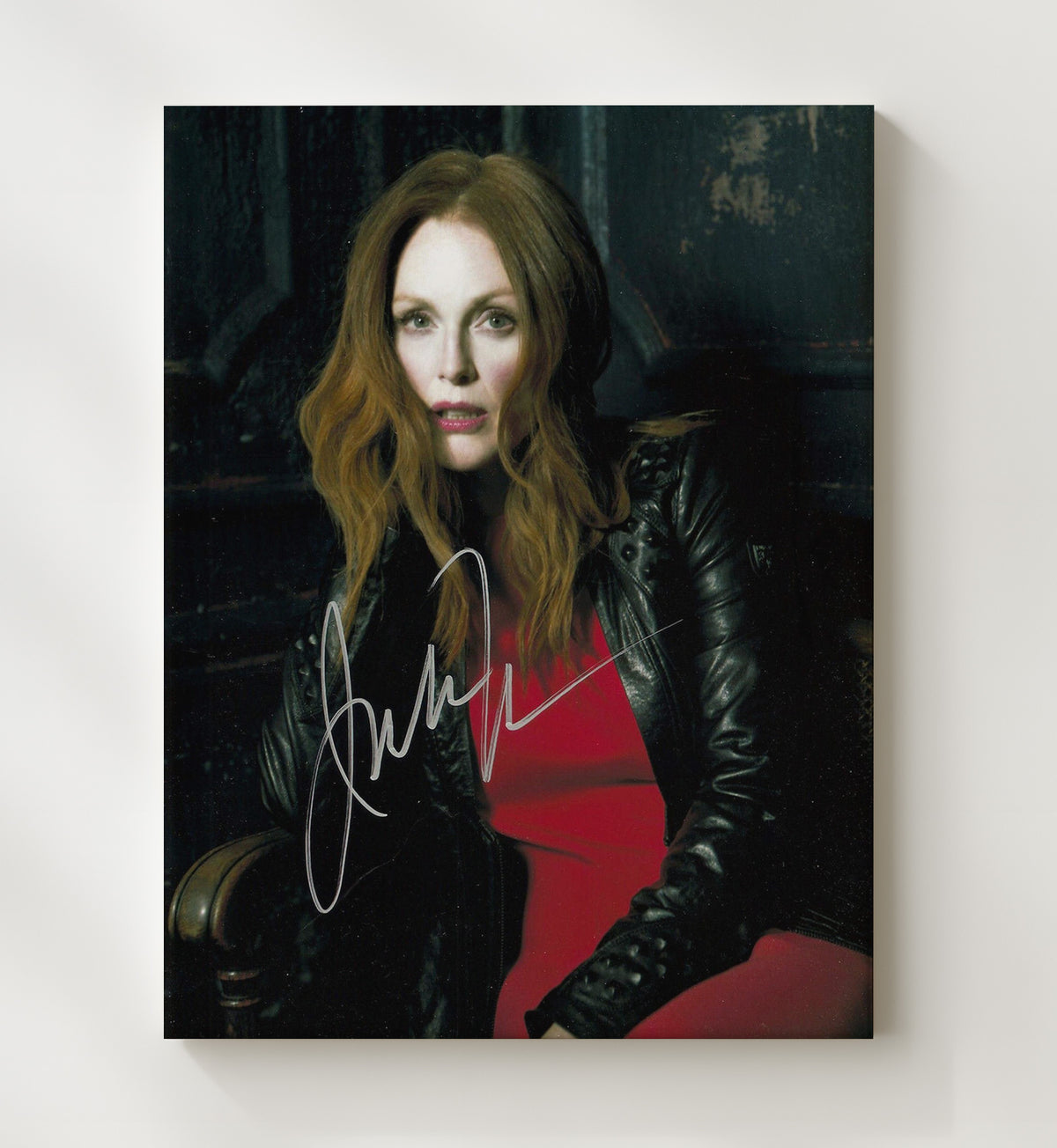 Julianne Moore - Black Leather Jacket Red Dress Dramatic Lighting movie wall art 20x24 Canvas