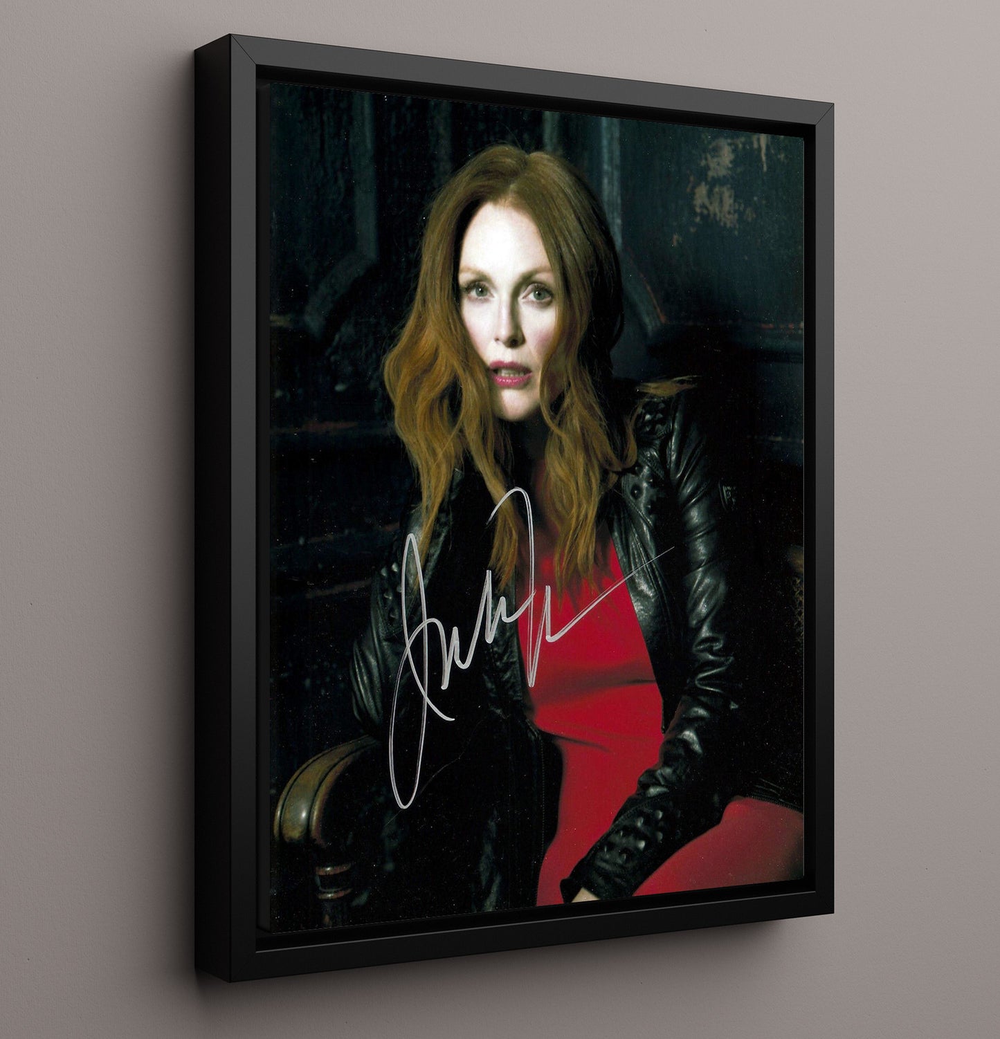 Julianne Moore - Black Leather Jacket Red Dress Dramatic Lighting movie wall art 16x20 Framed Canvas