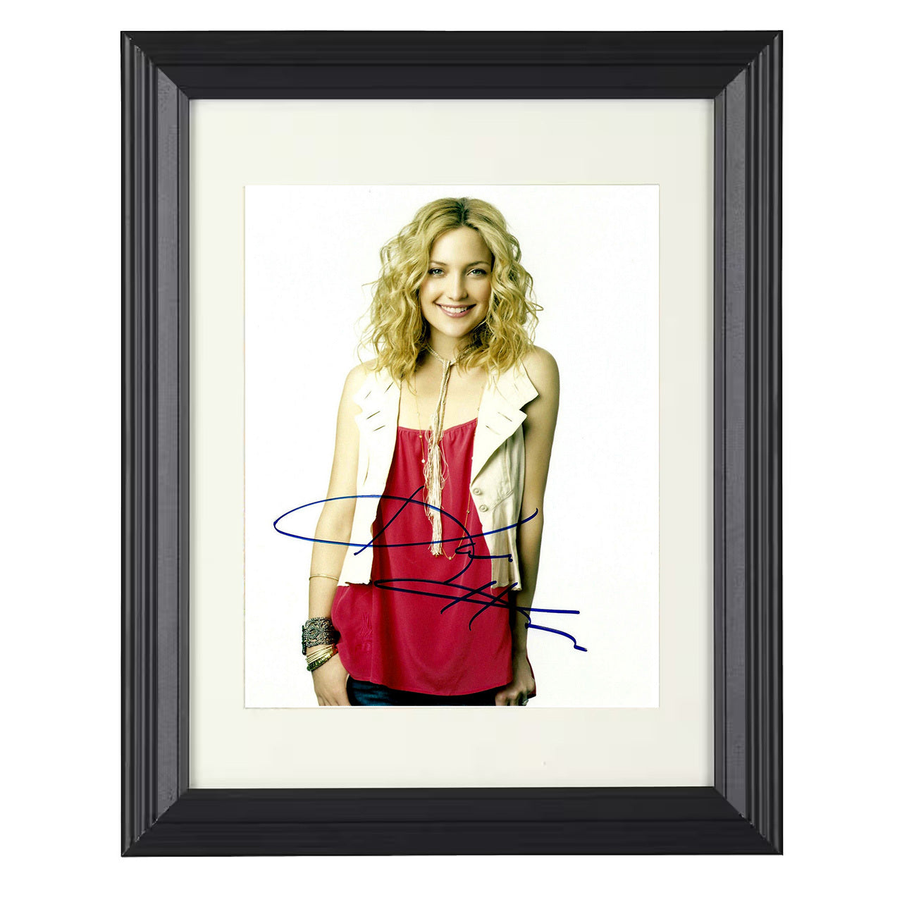 Kate Hudson – Red Blouse Cream Vest Smiling Blonde – 8x10 black beveled framed movie wall art