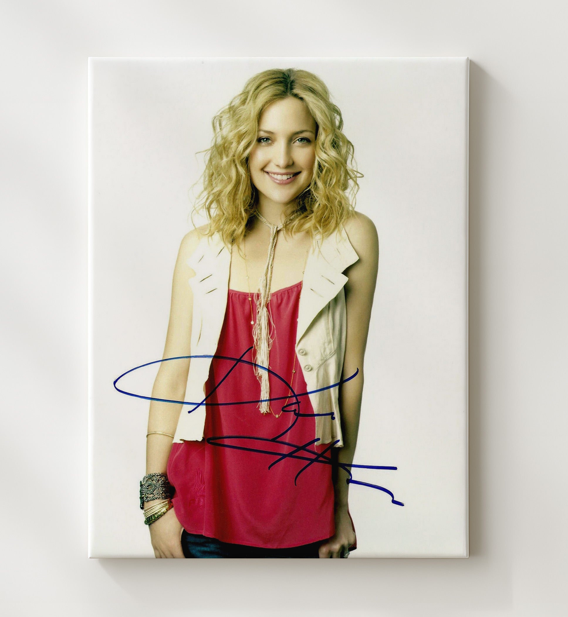 Kate Hudson - Red Blouse Cream Vest Smiling Blonde Vintage Movie Wall Art - 20x24 Canvas movie decor