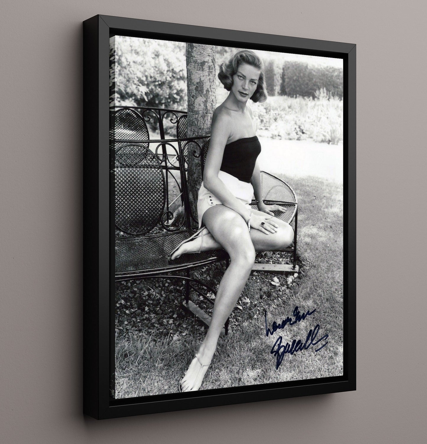 Lauren Bacall - Garden Bench Classic Hollywood Pose Vintage Movie Wall Art - 16x20 Framed Canvas movie decor