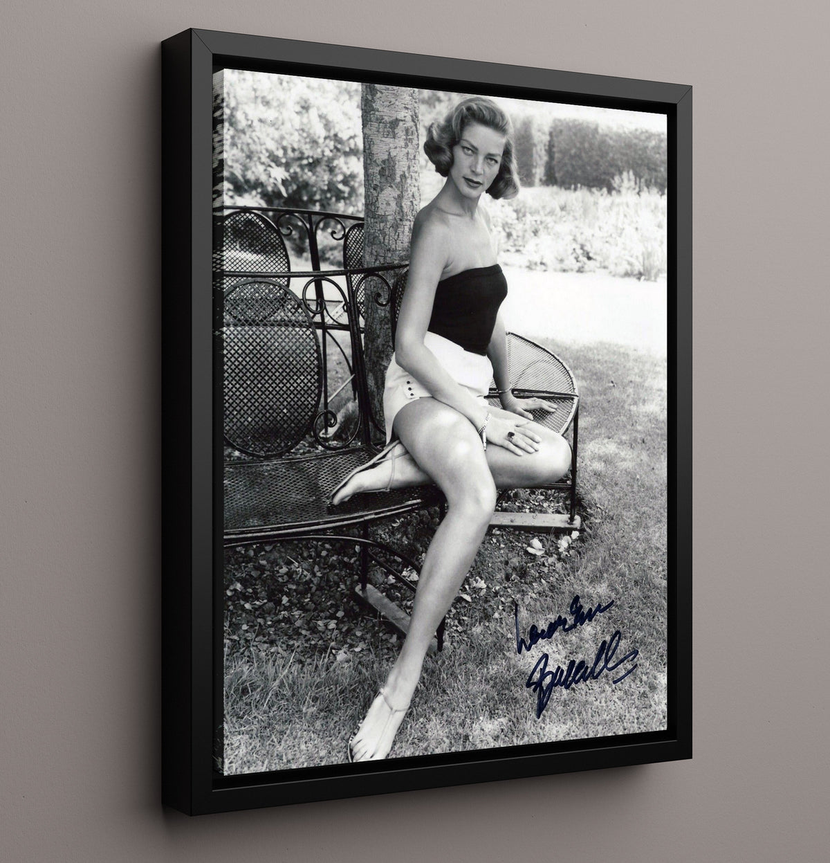 Lauren Bacall - Garden Bench Classic Hollywood Pose movie wall art 16x20 Framed Canvas