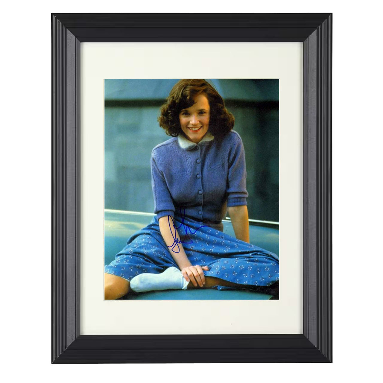 Lea Thompson – Blue Cardigan Vintage Smile Sitting – 8x10 black beveled framed movie wall art