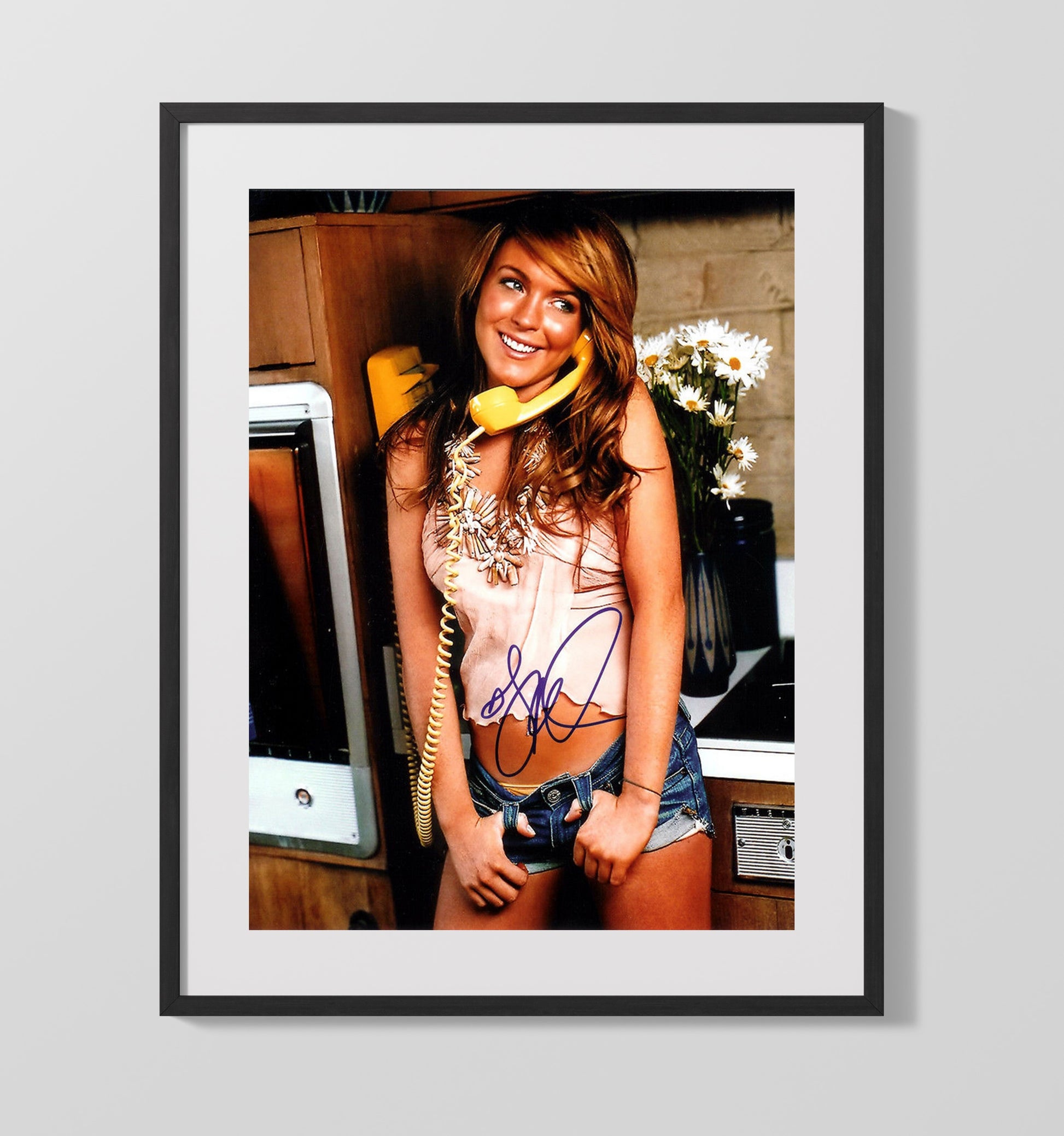 Lindsay Lohan - Retro Kitchen Phone Call Daisy Bouquet Smile movie wall art 16x20 Gallery Frame