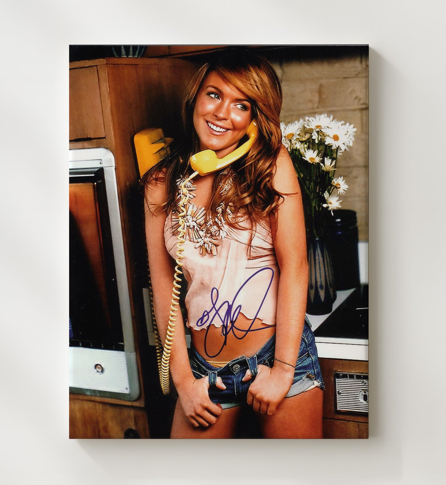 Lindsay Lohan - Retro Kitchen Phone Call Daisy Bouquet Smile Vintage Movie Wall Art - 20x24 Canvas movie decor