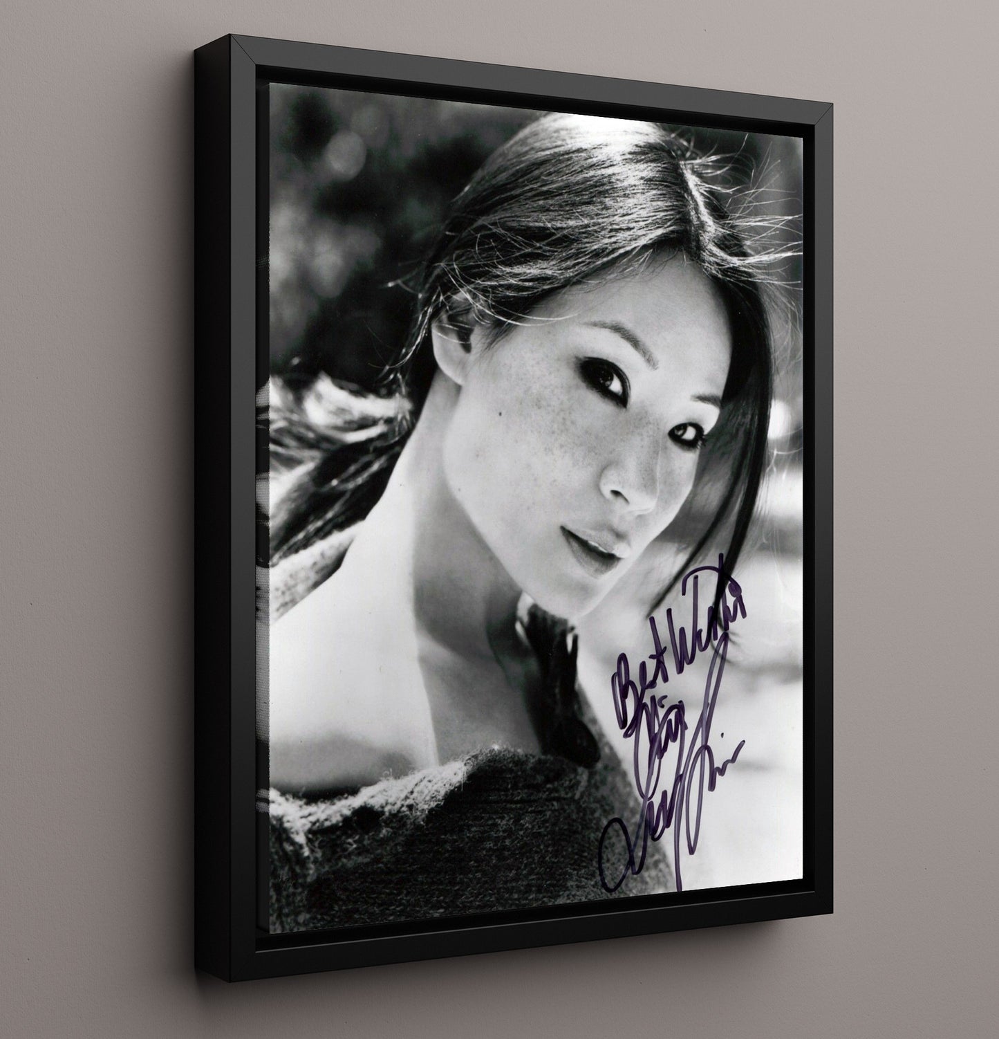 Lucy Liu - Black And White Freckled Face Soft Light Glamour Look Vintage Movie Wall Art - 16x20 Framed Canvas movie decor