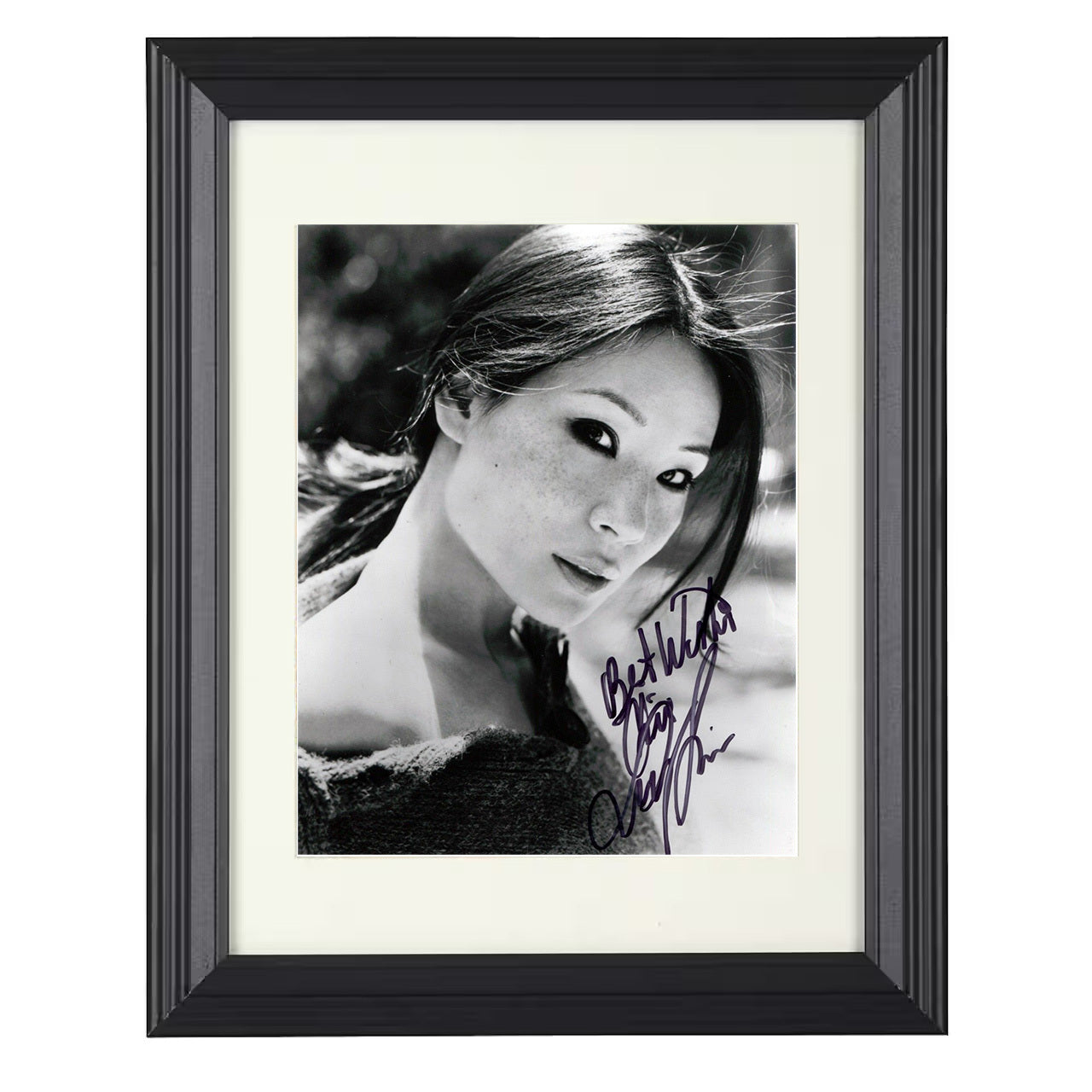 Lucy Liu – Monochrome Freckled Face Soft Light Glamour Look – 8x10 black beveled framed movie wall art
