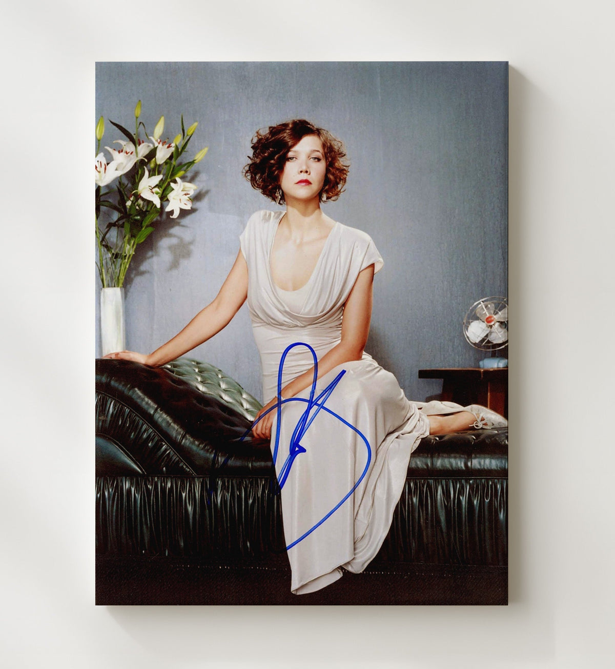 Maggie Gyllenhaal - Elegant Dress Lounge Sofa Blue Marker Autograph Studio Look movie wall art 8x10 Beveled Frame