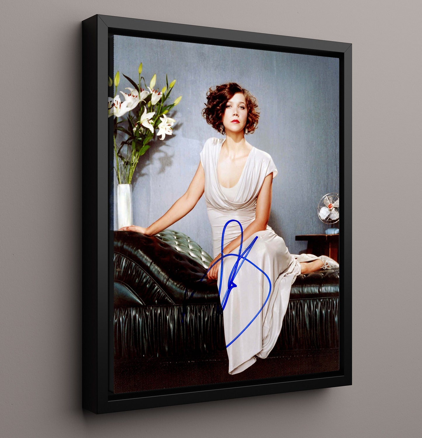 Maggie Gyllenhaal - Elegant Dress Lounge Sofa Blue Marker Autograph Studio Look movie wall art 16x20 Framed Canvas