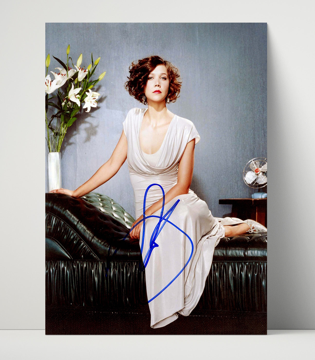 Maggie Gyllenhaal - Elegant Dress Lounge Sofa Blue Marker Autograph Studio Look movie wall art 16x20 Unframed Print