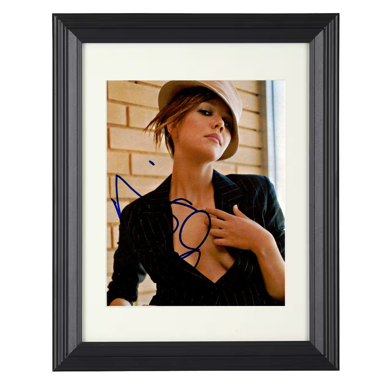Maggie Gyllenhaal – Stylish Hat Pinstripe Jacket Glam Look – 8x10 black beveled framed movie wall art