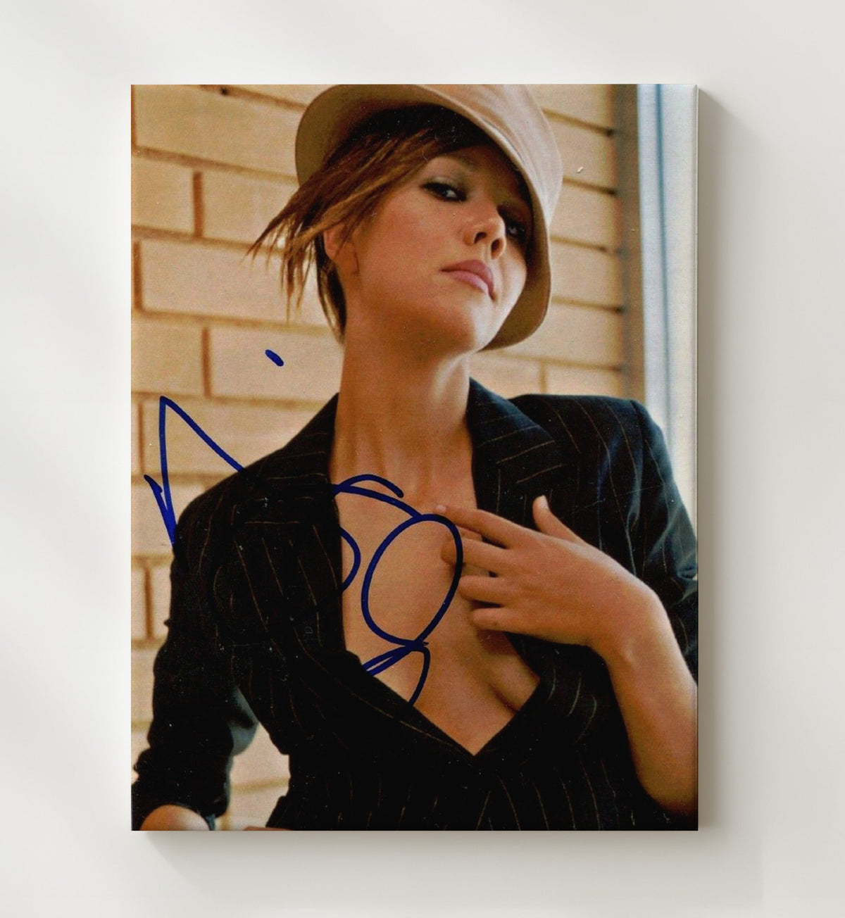 Maggie Gyllenhaal - Stylish Hat Pinstripe Jacket Glam Look Signed movie wall art 8x10 Beveled Frame