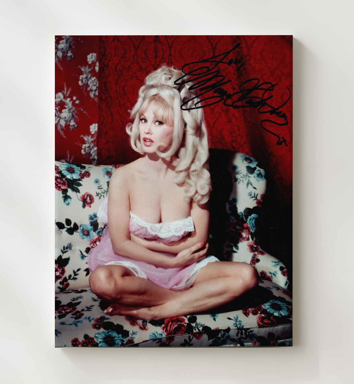 Mamie Van Doren - Blonde Bombshell Pink Lingerie Sofa Glam Signed movie wall art 20x24 Canvas