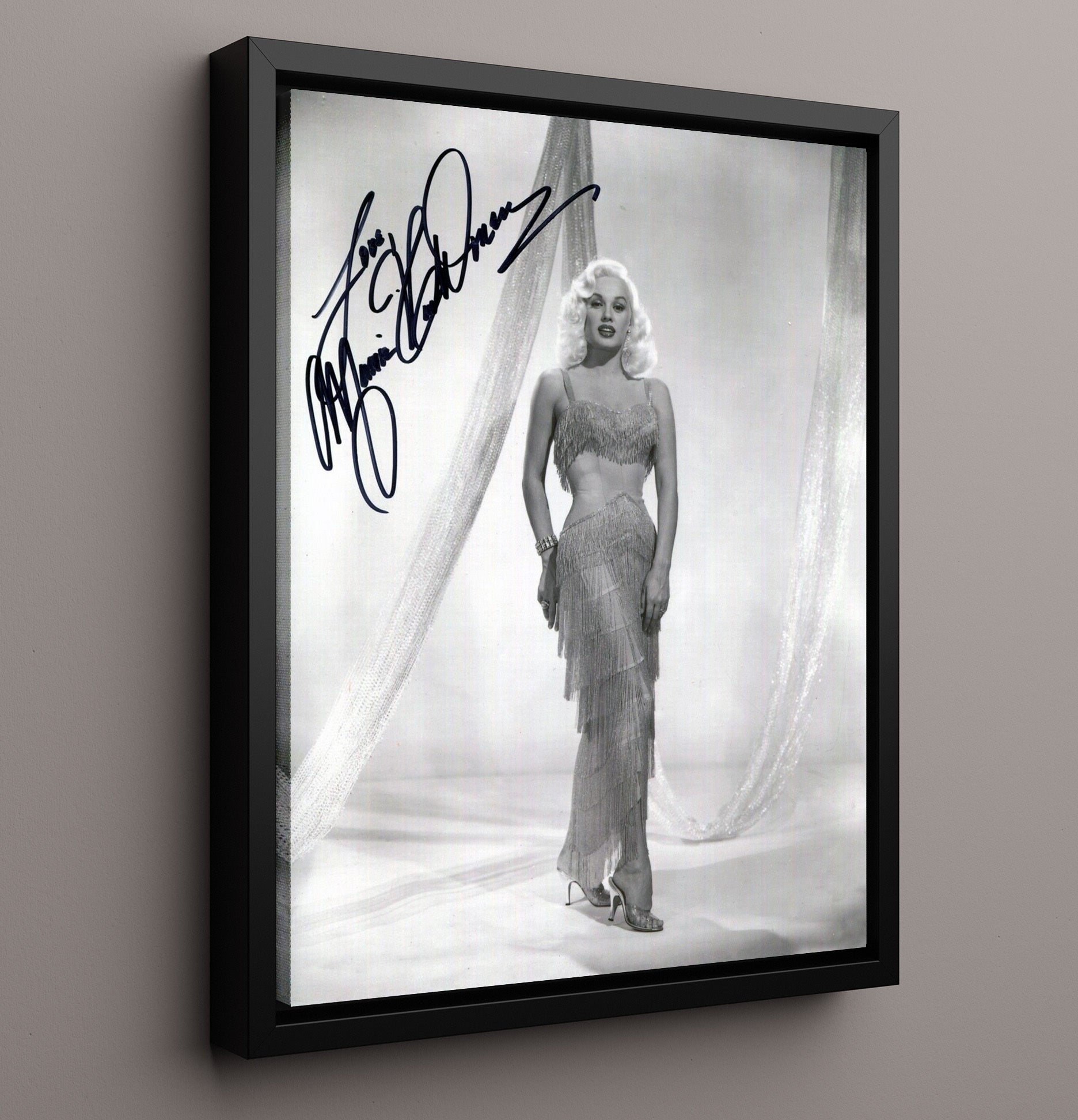 Mamie Van Doren - Classic Hollywood Fringe Gown Studio Glam Signed Vintage Movie Wall Art - 16x20 Framed Canvas movie decor