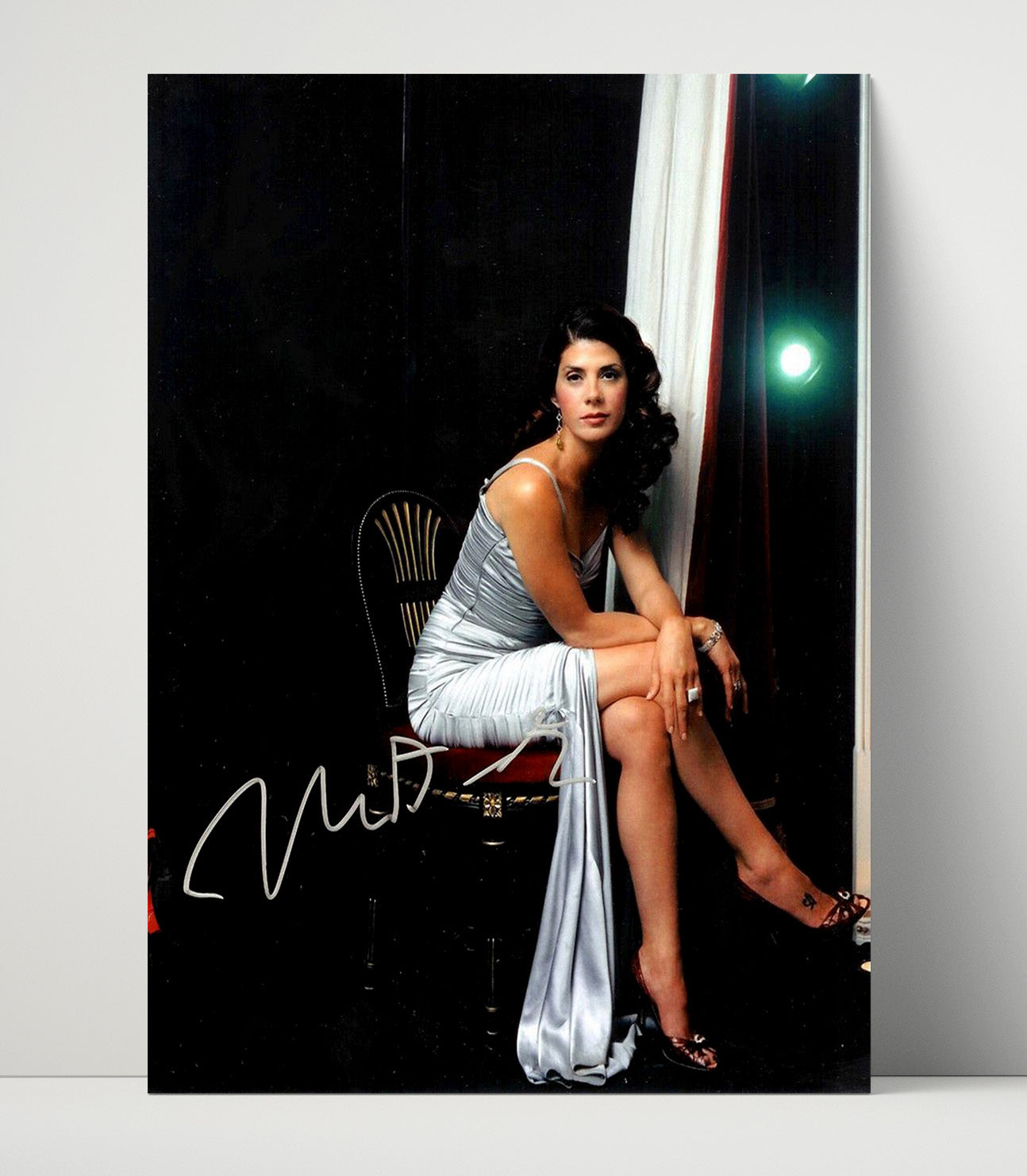 Marisa Tomei - Elegant Silver Evening Gown Seated Spotlight Look Signed Vintage Movie Wall Art - 16x20 Unframed Print movie decor