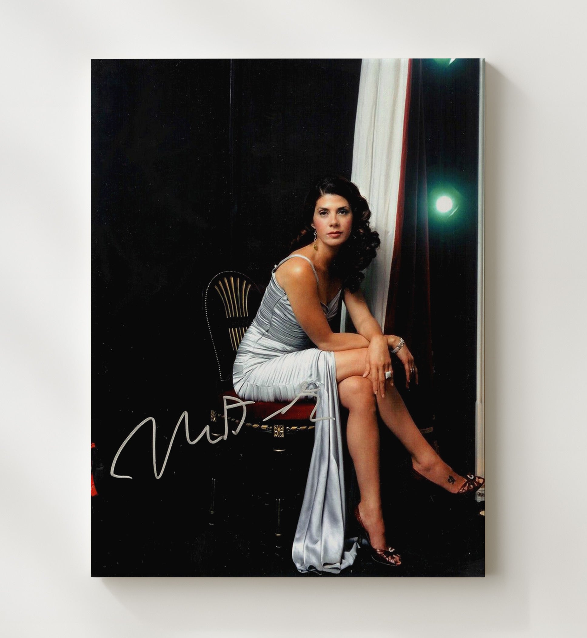 Marisa Tomei - Elegant Silver Evening Gown Seated Look Signed movie wall art 20x24 Canvas