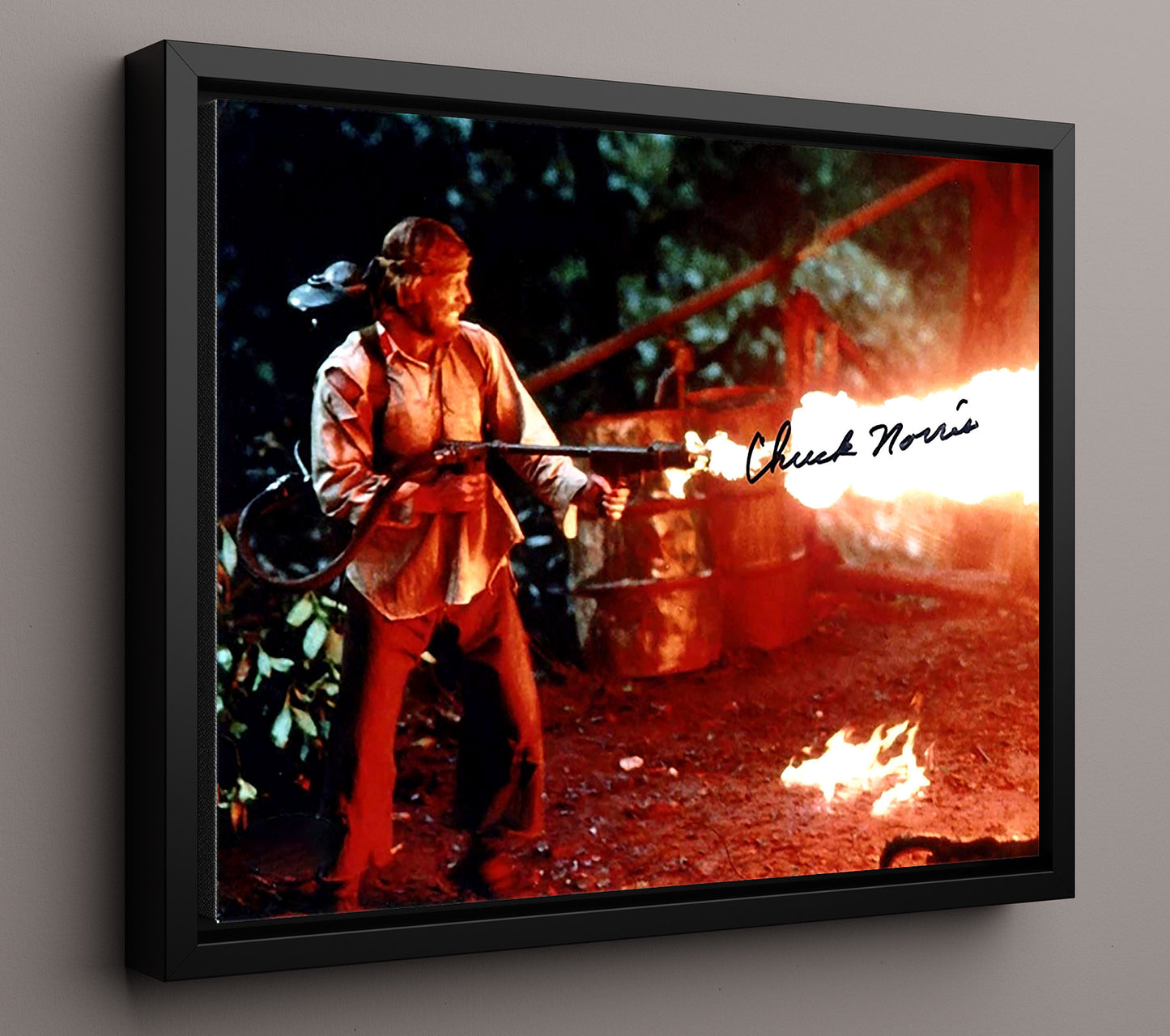 Missing in Action - Chuck Norris - Colonel Braddock - Flamethrower Jungle Assault Scene Vintage Movie Wall Art - 16x20 Framed Canvas movie decor