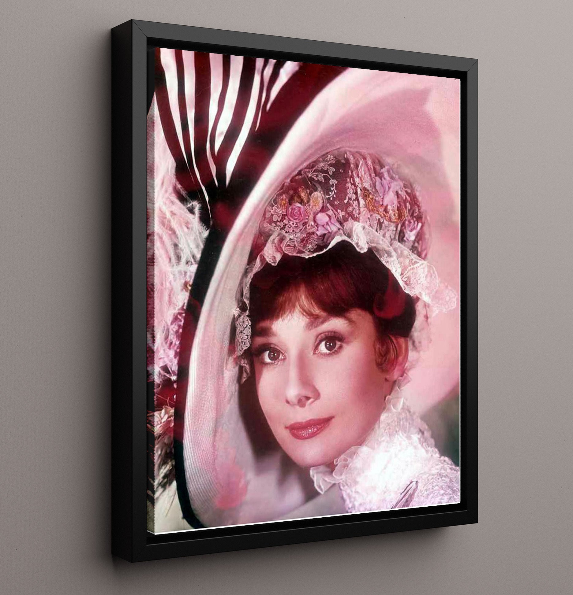 My Fair Lady - Audrey Hepburn - Eliza DoolittleFloral Hat Costume Portrait Vintage Movie Wall Art - 16x20 Framed Canvas movie decor