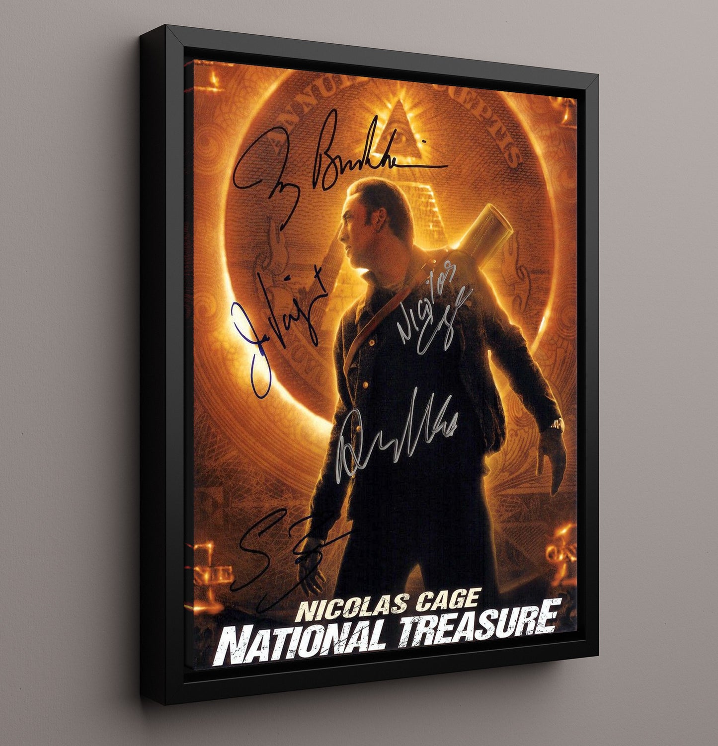 National Treasure - Nicolas Cage Treasure Hunt Adventure Team Vintage Movie Wall Art - 16x20 Framed Canvas movie decor