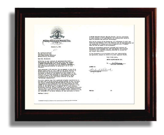North by Northwest - Alfred Hitchcock Signed MGM Contract Archive movie wall art 8x10 Beveled Frame
