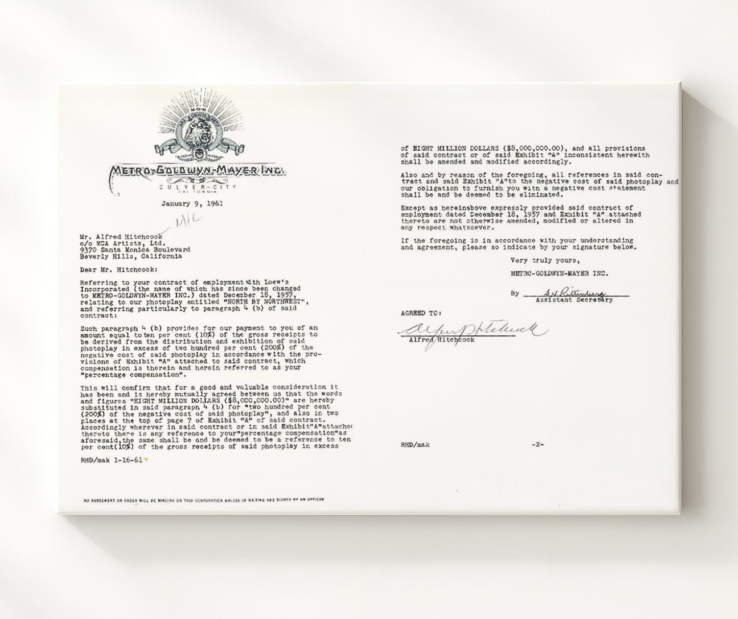 North by Northwest - Alfred Hitchcock Signed MGM Contract Archive movie wall art 20x24 Canvas