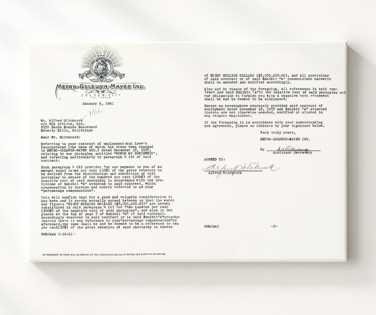 North by Northwest - Alfred Hitchcock Signed MGM Contract Archive movie wall art 20x24 Canvas