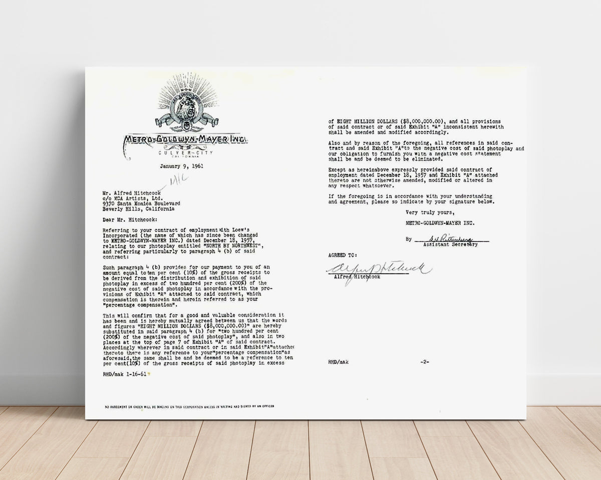 North by Northwest - Alfred Hitchcock Signed MGM Contract Archive movie wall art 16x20 Unframed Print