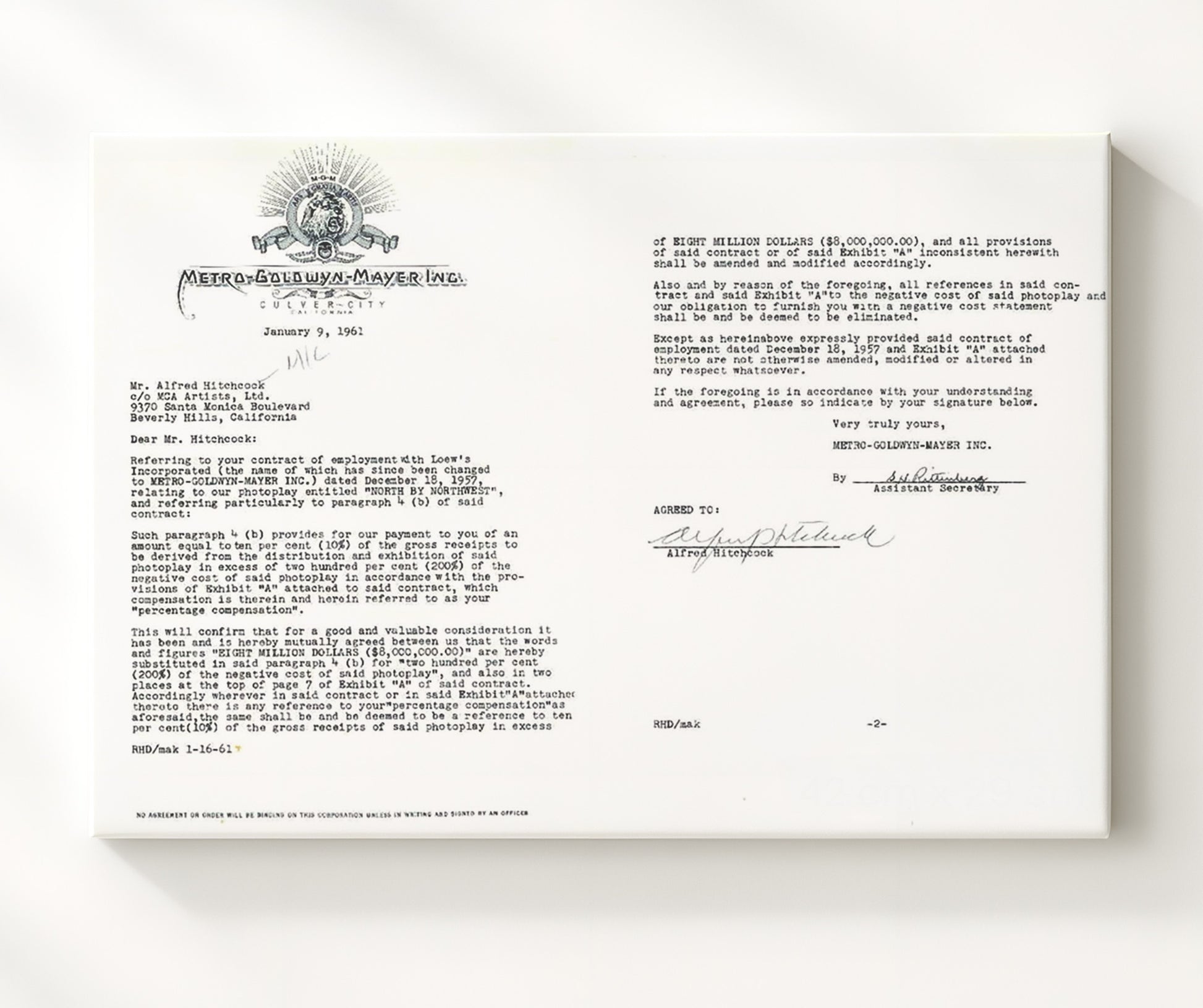 North by Northwest - Alfred Hitchcock Signed MGM Contract Archive Vintage Movie Wall Art - 20x24 Canvas movie decor