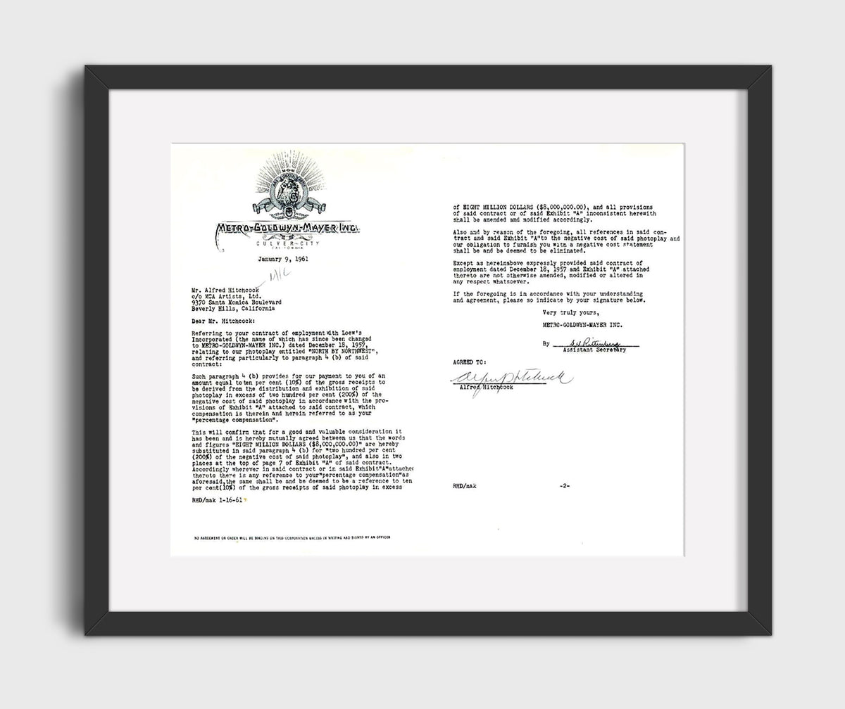 North by Northwest - Alfred Hitchcock Signed MGM Contract Archive movie wall art 16x20 Gallery Frame