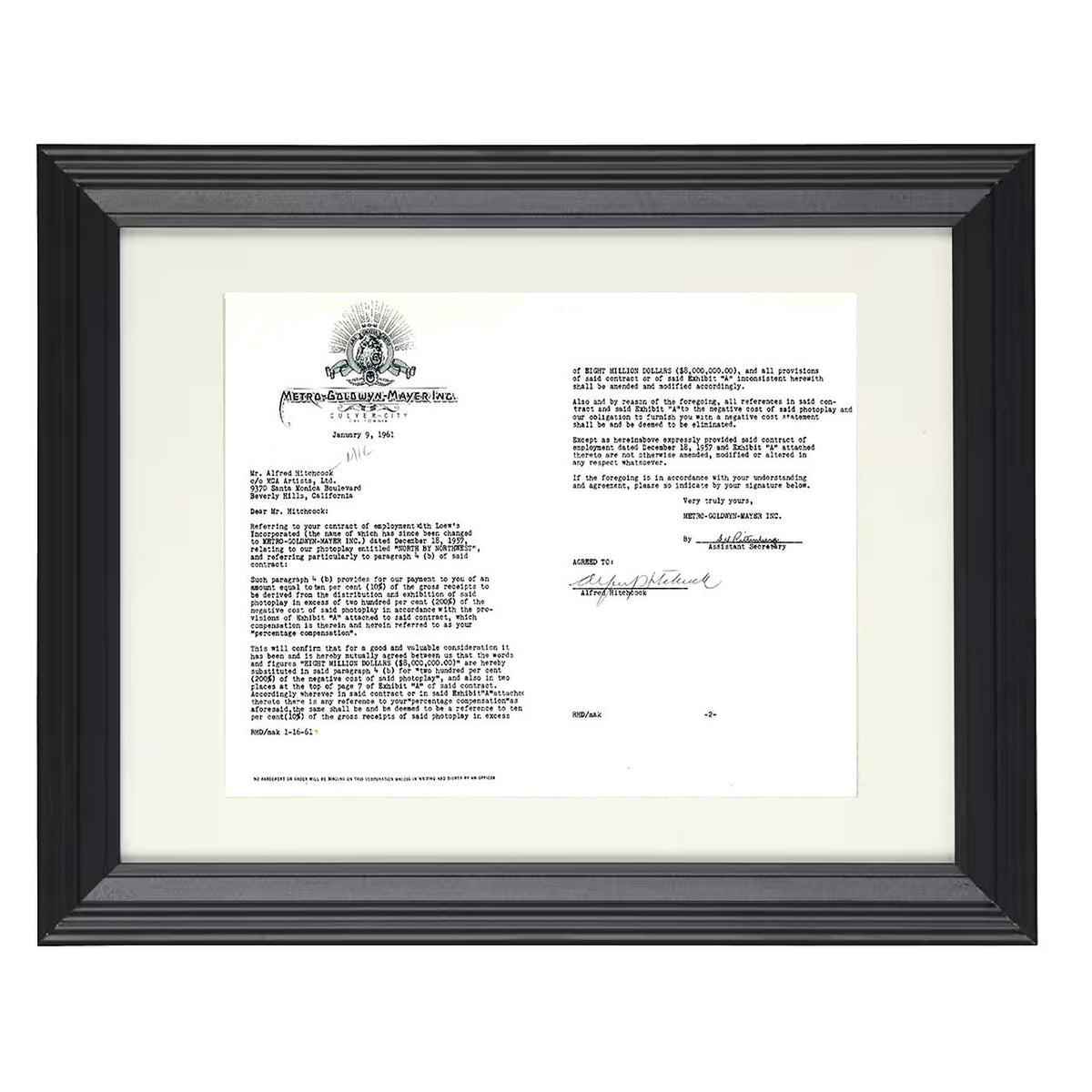 North by Northwest - Alfred Hitchcock Signed MGM Contract Archive movie wall art 16x20 Unframed Print