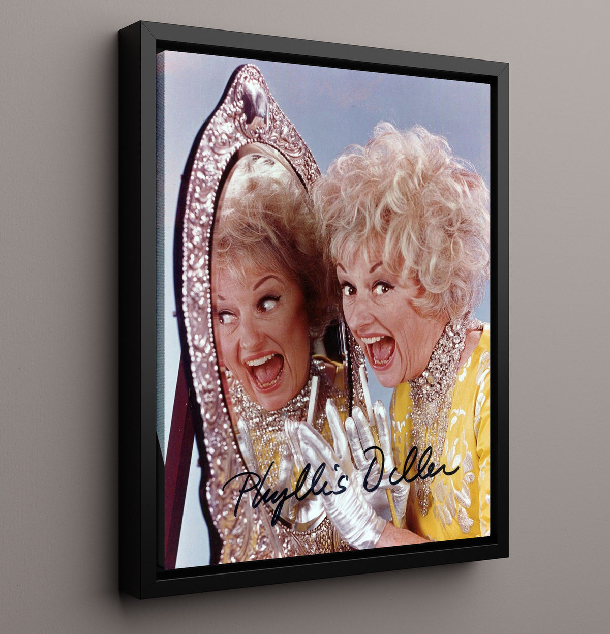 Phyllis Diller - Mirror Reflection Glam Comedy Legend Laughing movie wall art 16x20 Framed Canvas