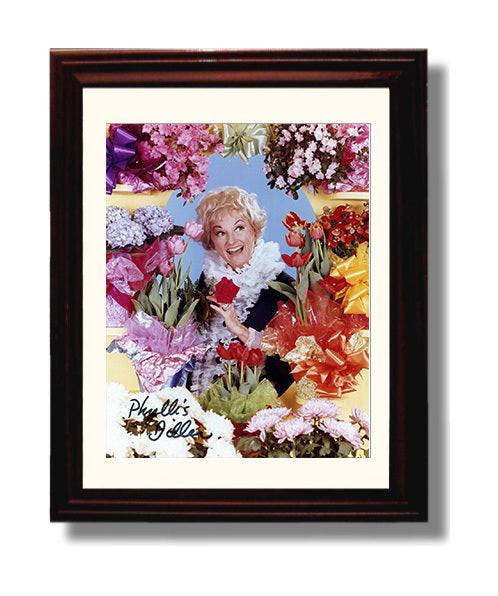 Phyllis Diller - Surrounded by Colorful Flower Bouquets Comedy Queen Delight movie wall art 8x10 Beveled Frame