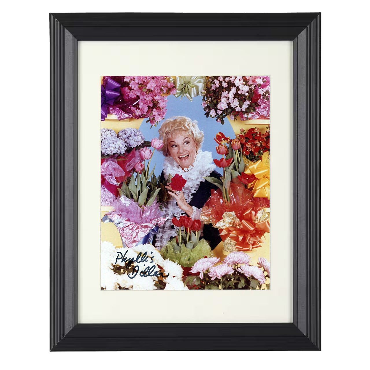 Phyllis Diller – Surrounded by Comedy Queen Delight – 8x10 black beveled framed movie wall art