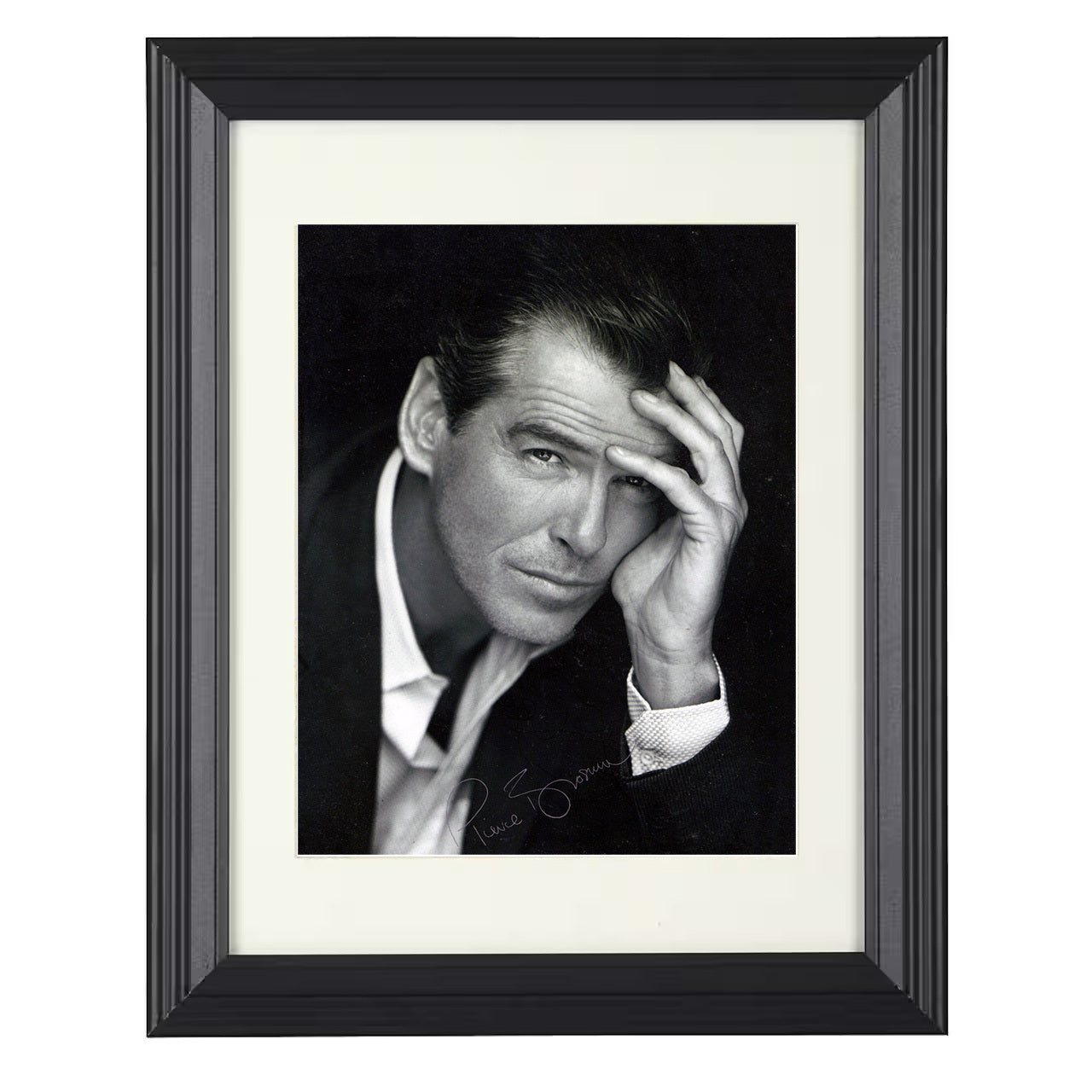 Pierce Brosnan – Classic Tuxedo Era Leading Man Expression – 8x10 black beveled framed movie wall art
