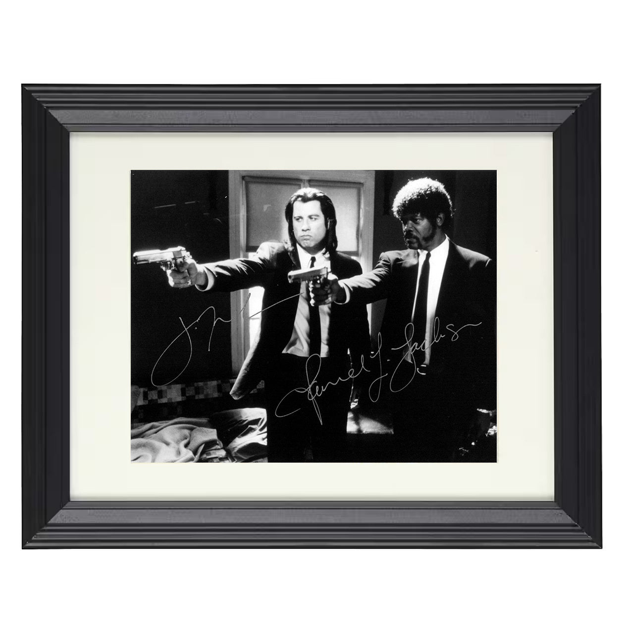 Pulp Fiction – John Travolta with Guns Image – 8x10 black beveled framed movie wall art