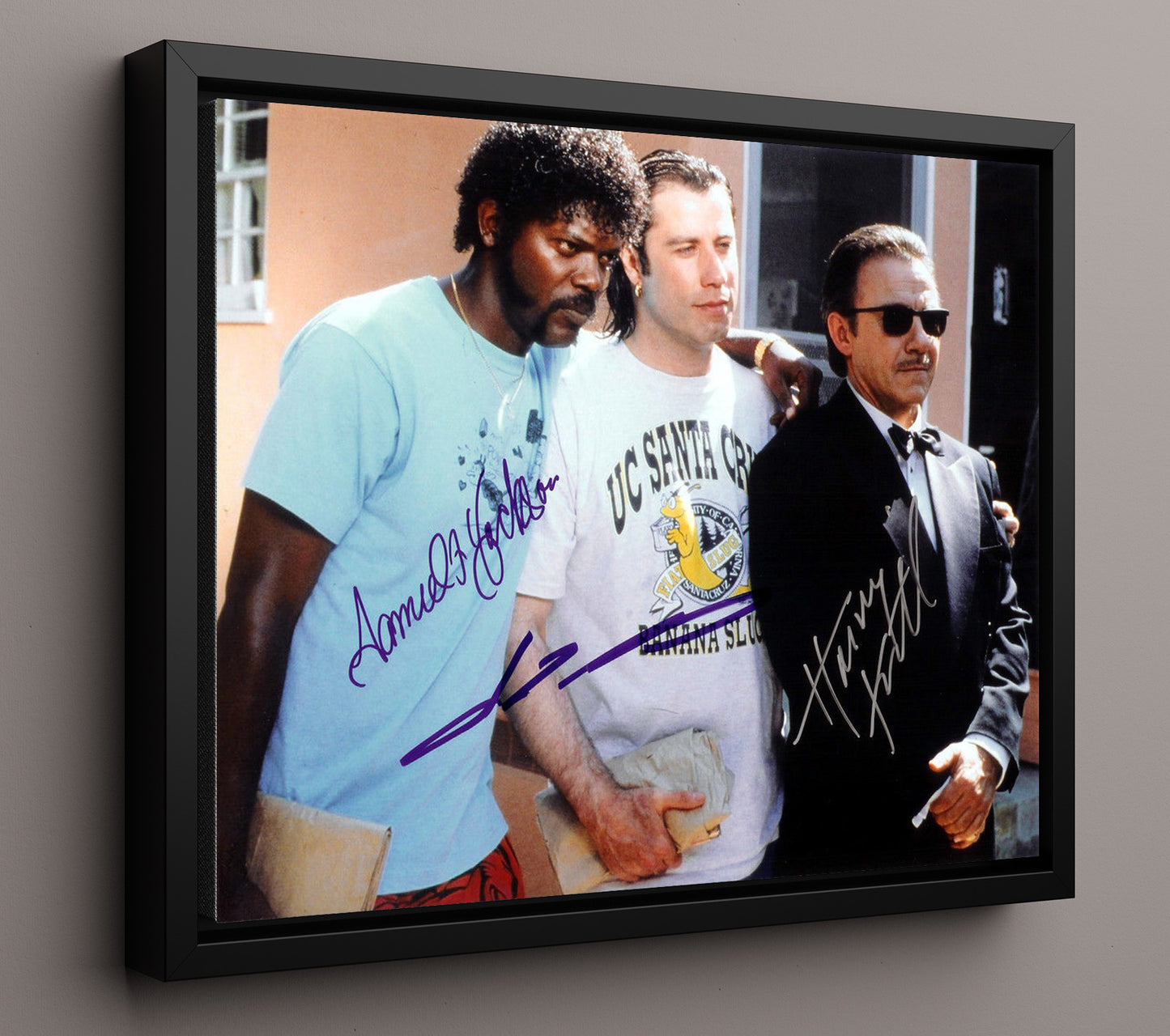 Pulp Fiction - Travolta - Vincent - and Jackson - Jules - and Keitel - Wolf - Fixer Mode Activated movie wall art 16x20 Framed Canvas