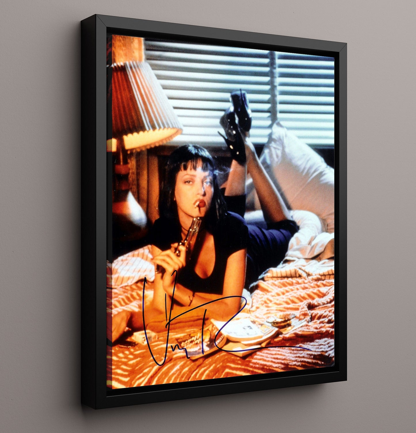 Pulp Fiction - Uma Thurman - Mia WallaceBedside Gun Smoke Vintage Movie Wall Art - 16x20 Framed Canvas movie decor