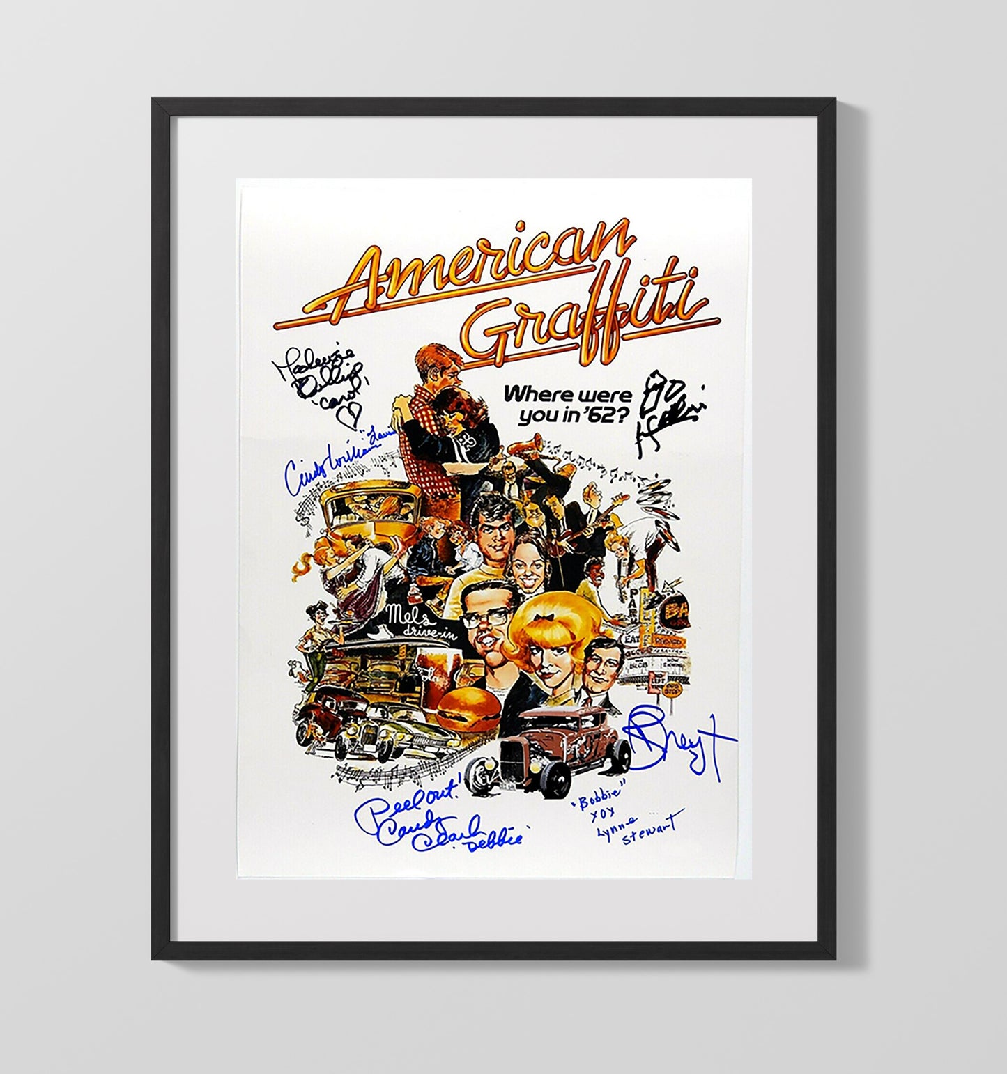 Richard Dreyfuss Ron Howard and Cast - American Graffiti Ensemble Cast Poster movie wall art 16x20 Gallery Frame