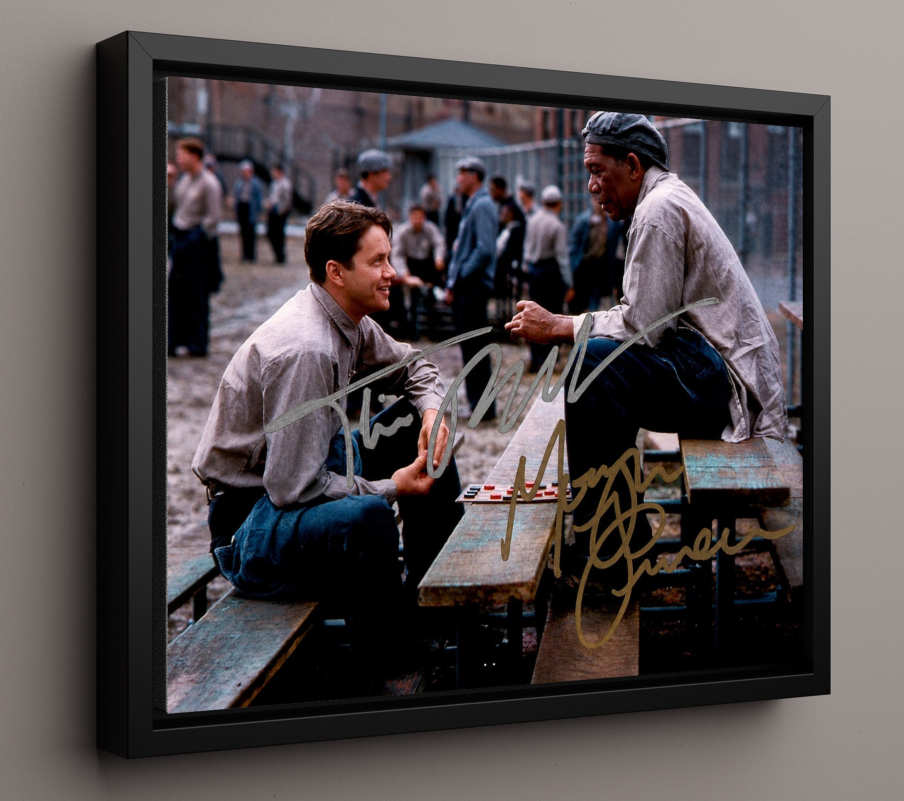 Shawshank Redemption - Tim Robbins - Andy - and Morgan Freeman - Red - Prison Yard Chess movie wall art 16x20 Framed Canvas