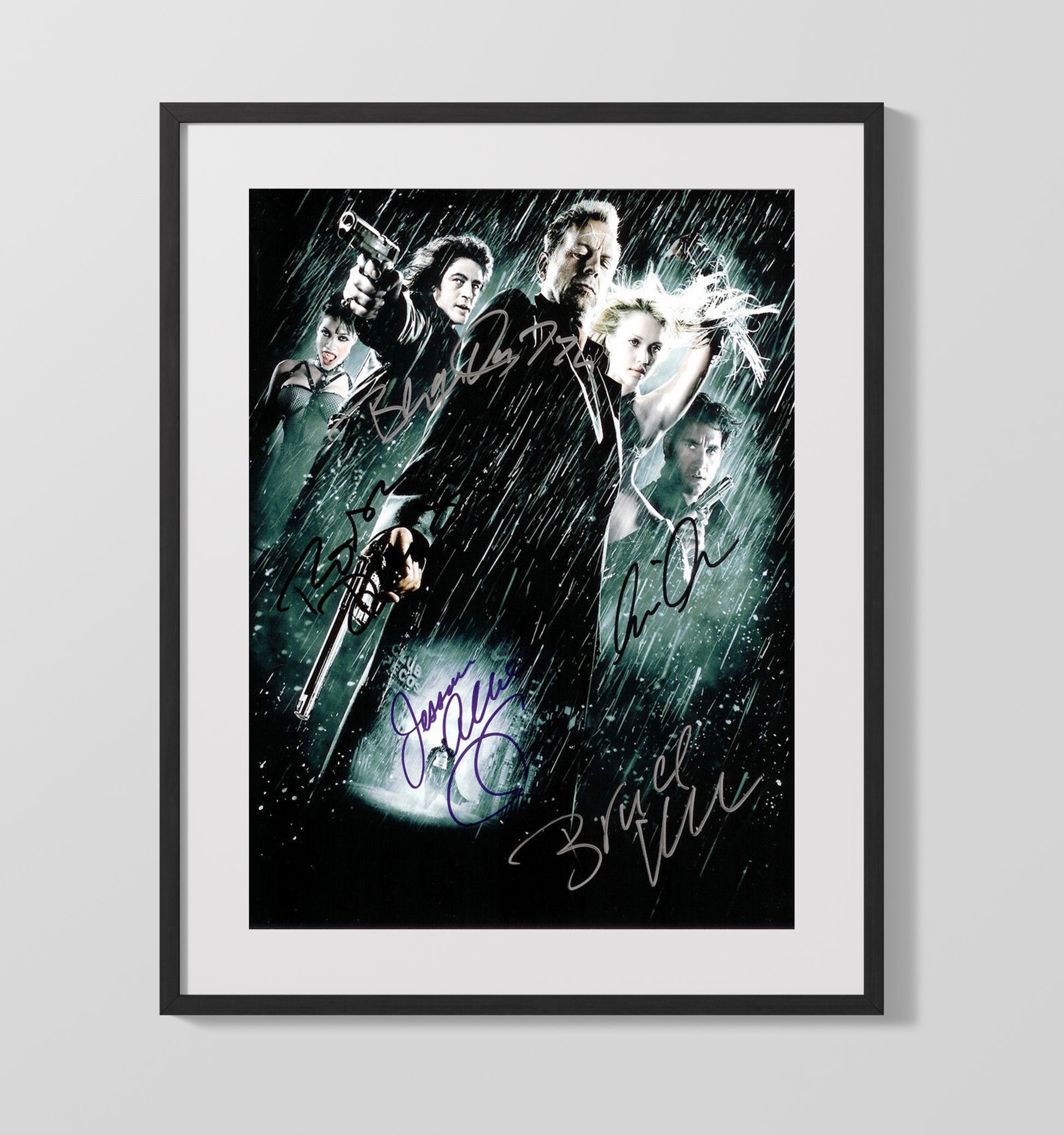 Sin City - Ensemble Cast Rain Soaked Gunfight Vintage Movie Wall Art - 16x20 Gallery Frame movie decor