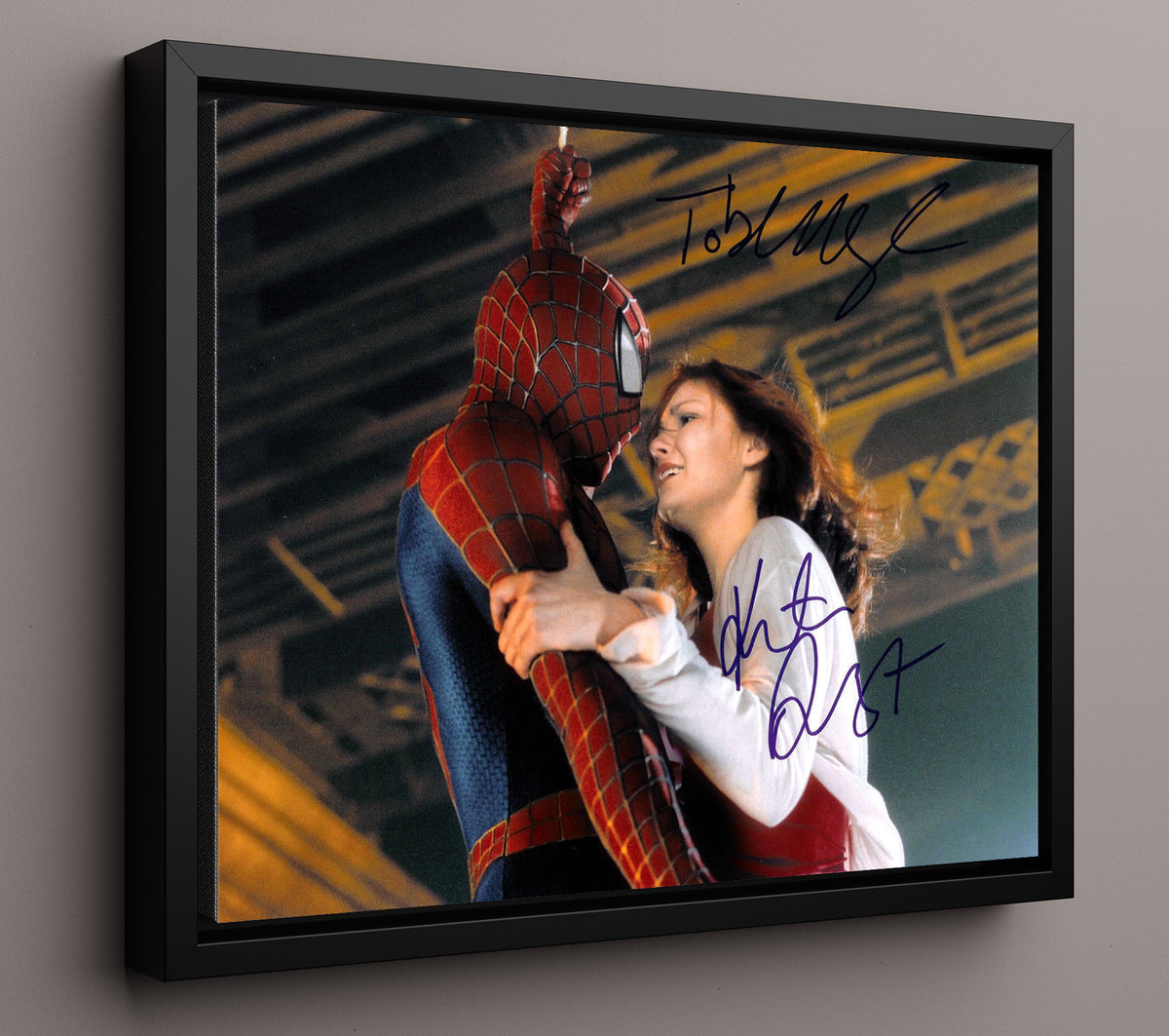 Spider-Man - Tobey Maguire - Peter - and Kirsten Dunst - MJ - Upside Down Kiss Moment movie wall art 16x20 Framed Canvas