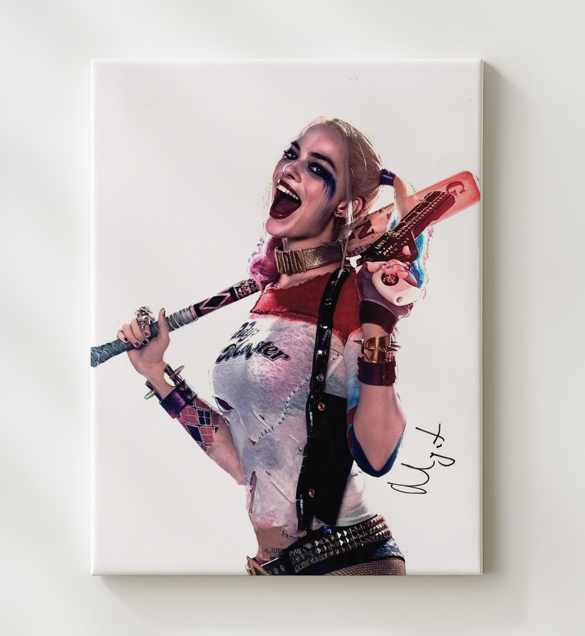 Suicide Squad - Margot Robbie - Harley Quinn - Baseball Bat Rebel Grin Signed movie wall art 20x24 Canvas
