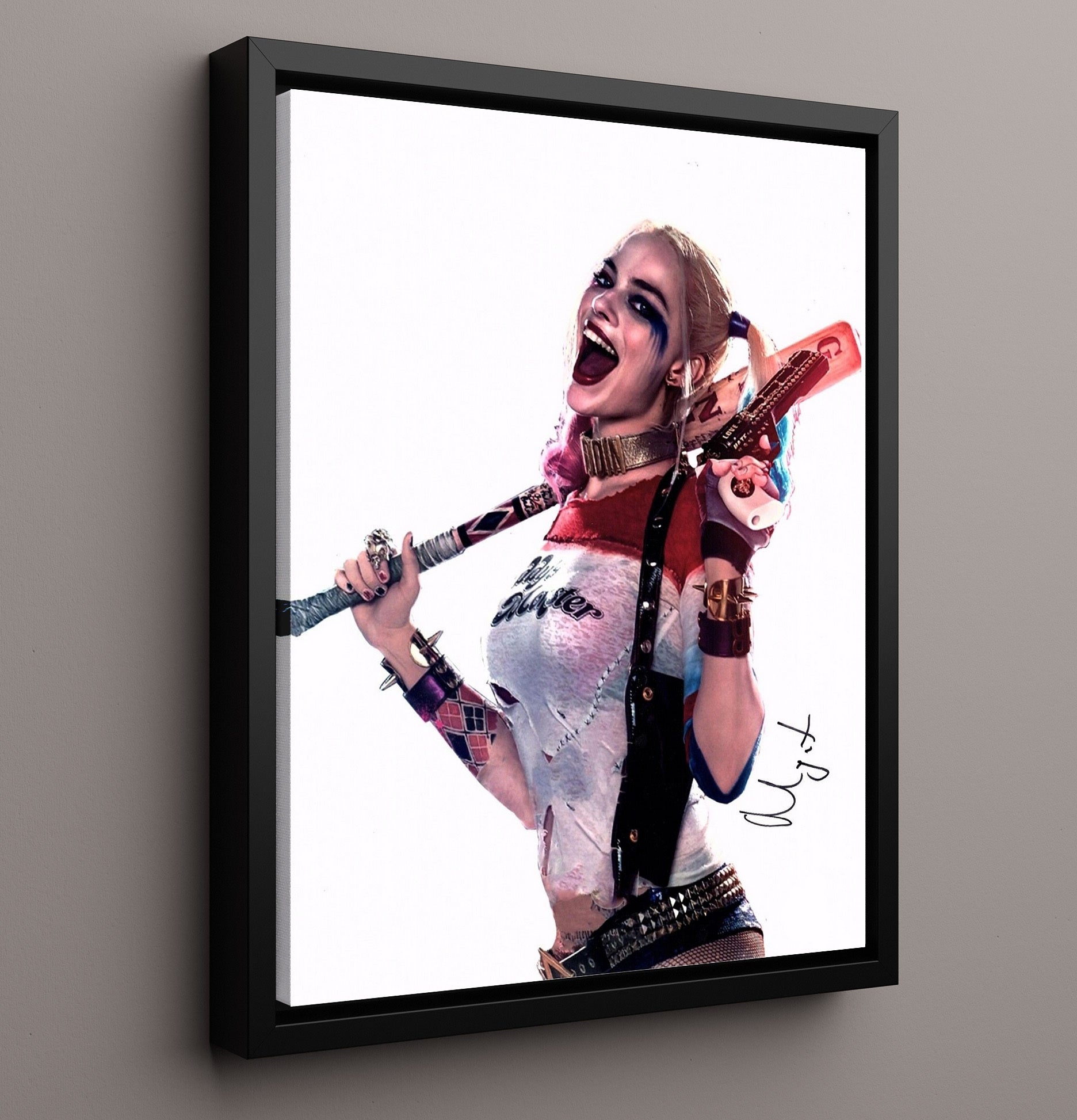 Suicide Squad - Margot Robbie - Harley QuinnBaseball Bat Rebel Grin Signed Vintage Movie Wall Art - 16x20 Framed Canvas movie decor