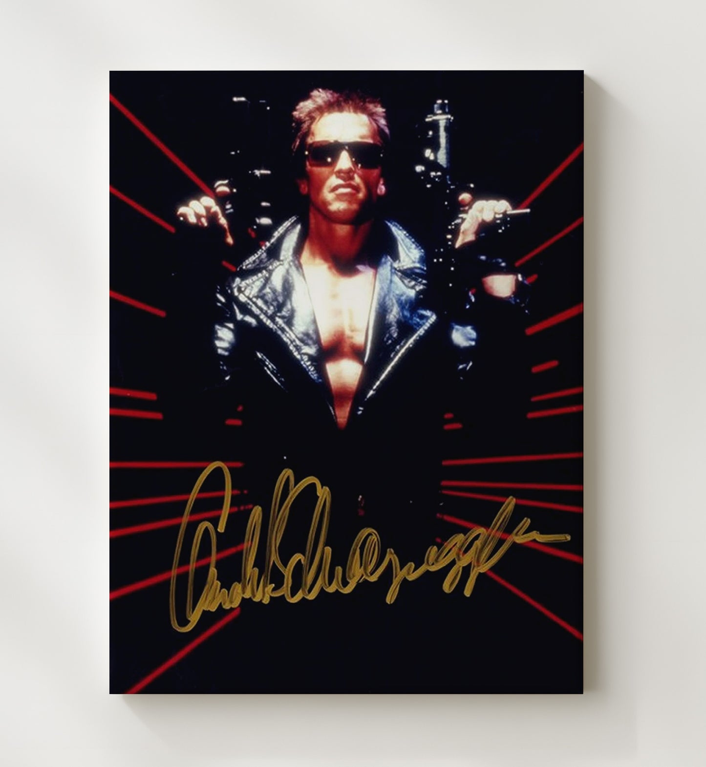 Terminator 2 - Arnold Schwarzenegger - T800 Leather Jacket Red Laser Background Vintage Movie Wall Art - 20x24 Canvas movie decor