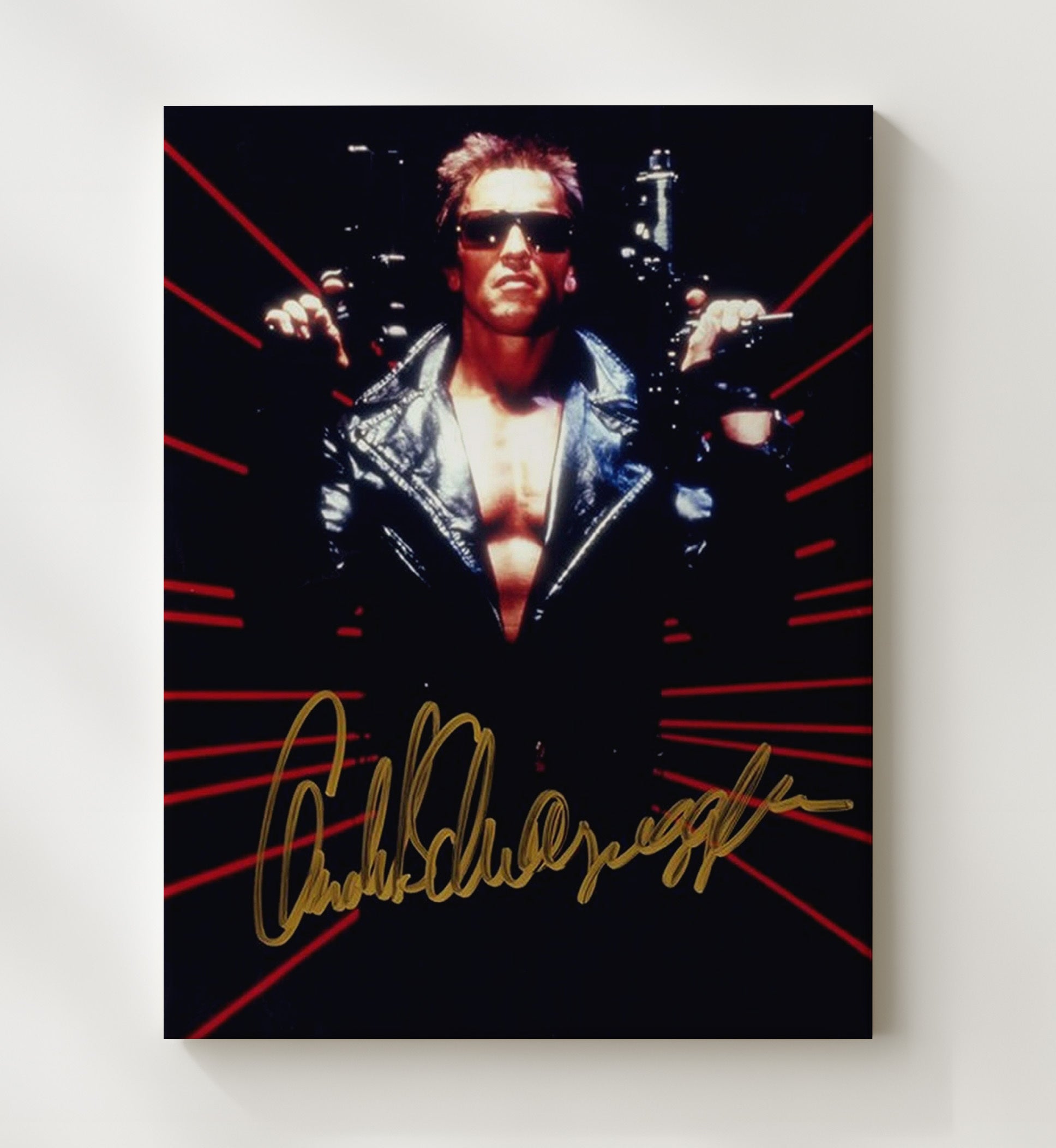 Terminator 2 - Arnold Schwarzenegger - T800 Leather Jacket Red Laser Background Vintage Movie Wall Art - 20x24 Canvas movie decor